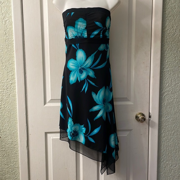 Black and blue dark floral print asymmetrical Y2K strapless dress size medium - Picture 1 of 10
